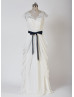Cap Sleeves Ivory Lace Chiffon Long Prom Dress With Navy Blue Sash